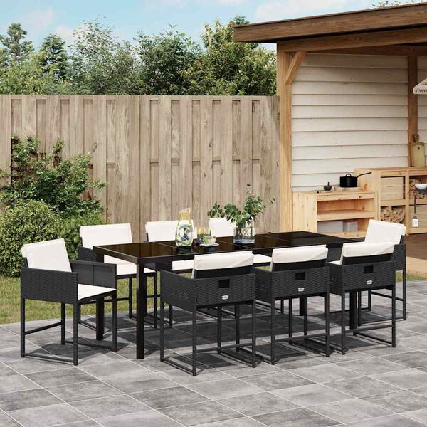vidaXL Tuin eettafelset met kussen 9 pcs Zwart poly rattan