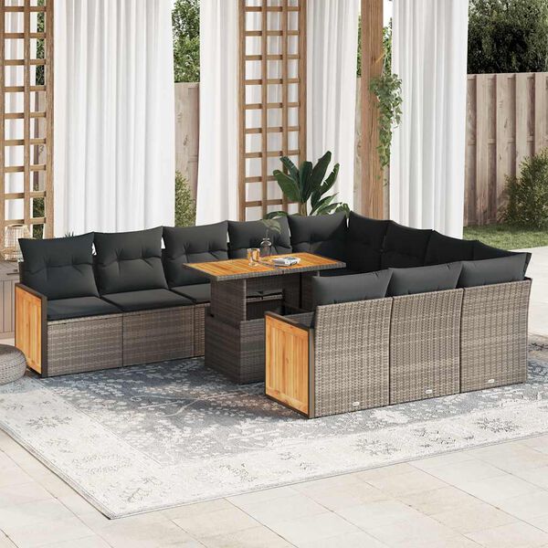 vidaXL 11-delige Loungeset met kussens poly rattan acacia grijs