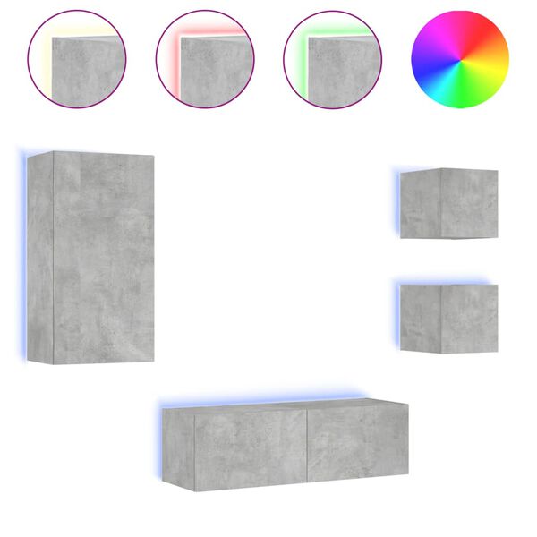 vidaXL 4-delige tv-wandmeubelset met LED-verlichting betongrijs