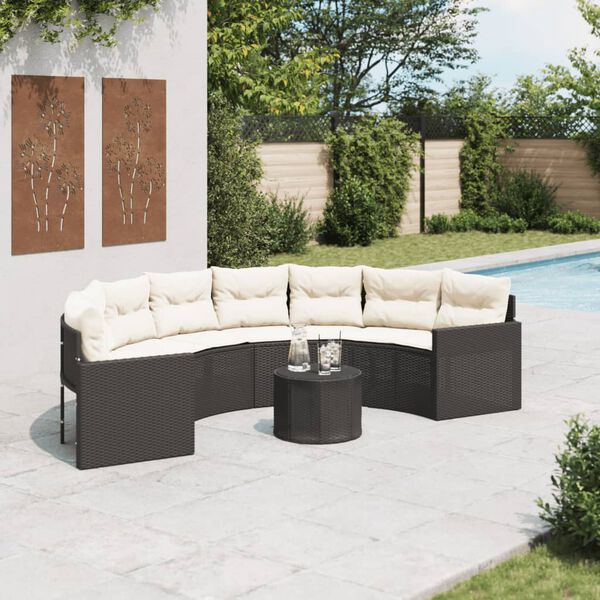 vidaXL Tuinbank met tafel en kussens halfrond poly rattan zwart