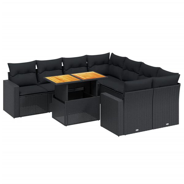 vidaXL 9-delige Loungeset met kussens poly rattan zwart