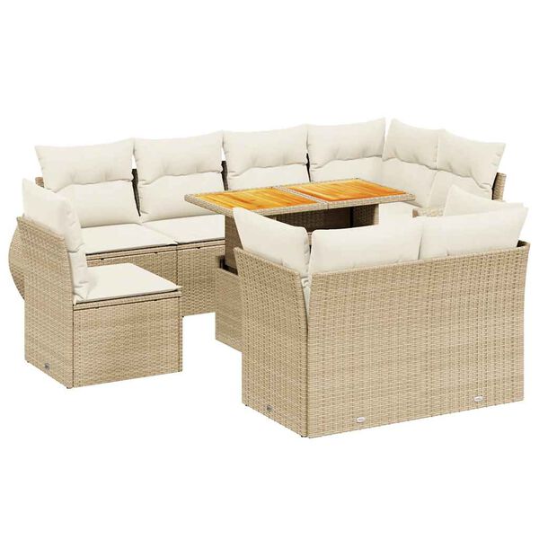 vidaXL 9-delige Loungeset met kussens poly rattan beige