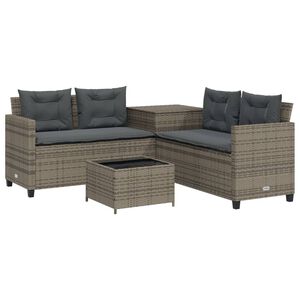 vidaXL Tuinbank met tafel en kussens L-vormig poly rattan grijs