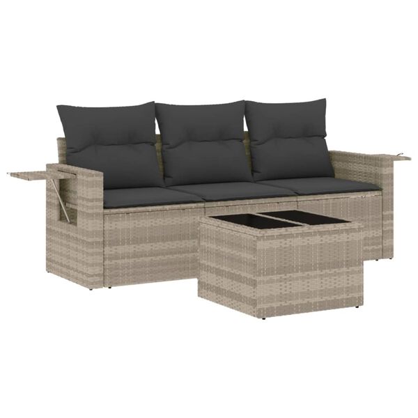 vidaXL 4-delige Loungeset met kussens poly rattan lichtgrijs