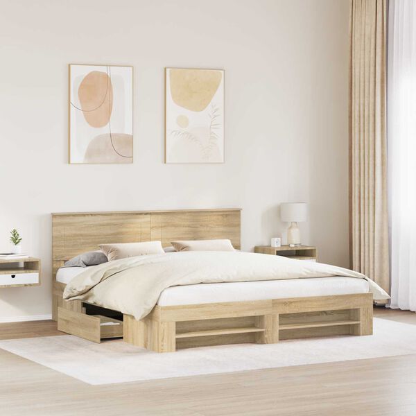 vidaXL Bedframe met hoofdeinde Sonoma Eiken 200 x 200 cm Bewerkt hout