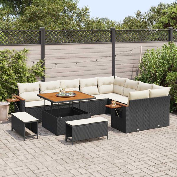 vidaXL Tuinbankenset met kussen 13 pcs Zwart en Cr&egrave;me poly rattan