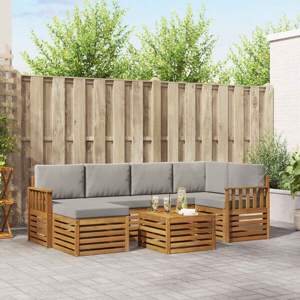 vidaXL Hoekbank Set 7 pcs Natuurlijk en Lichtgrijs Massief Acaciahout