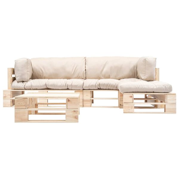 vidaXL 4-delige Loungeset pallet met zandkleurige kussens hout