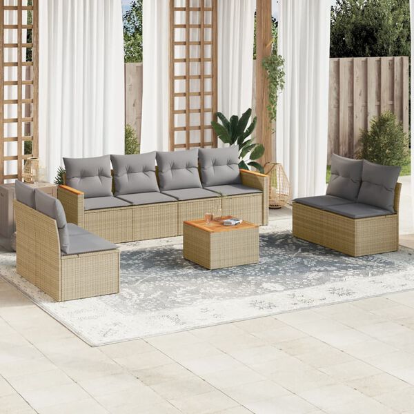 vidaXL 9-delige Loungeset met kussens poly rattan gemengd beige