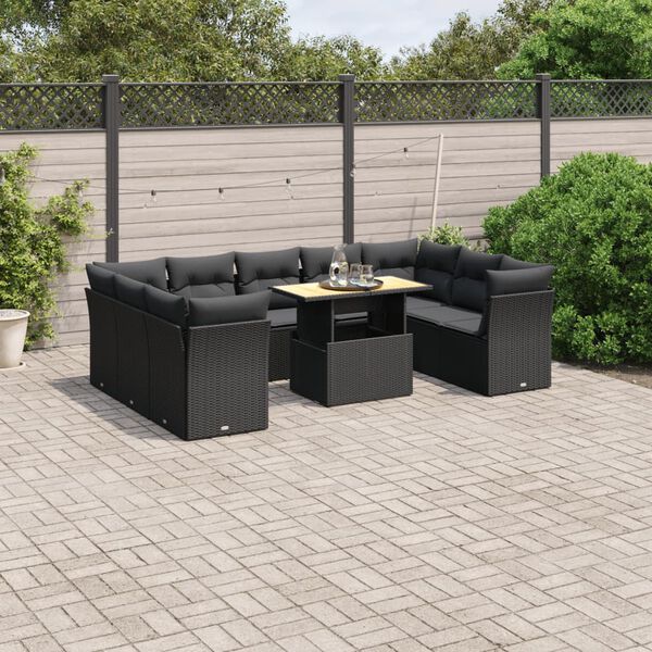 vidaXL 10-delige Loungeset met kussens poly rattan zwart
