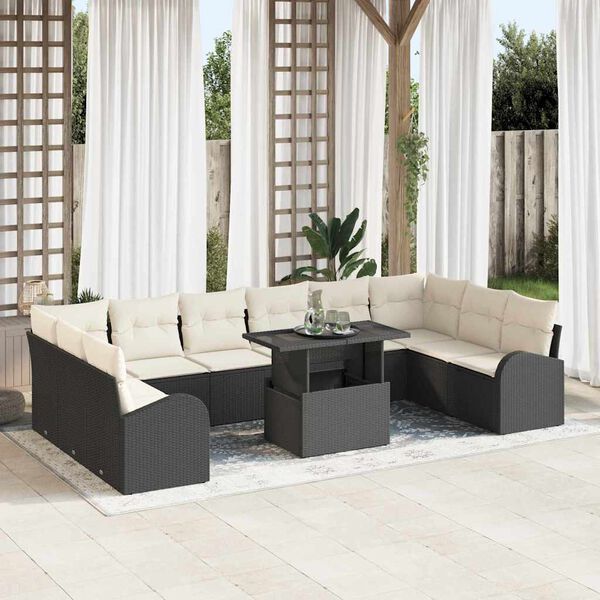 vidaXL Tuin Sofa Set met kussen 11 pcs Zwart en cr&egrave;me poly rattan