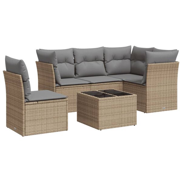 vidaXL 6-delige Loungeset met kussens poly rattan beige