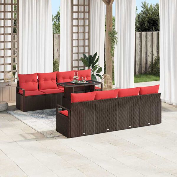 vidaXL Tuin Sofa Set met opslag 9 pcs Bruin en Rood poly rattan