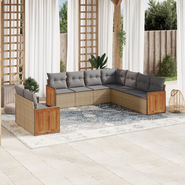 vidaXL 9-delige Loungeset met kussens poly rattan beige