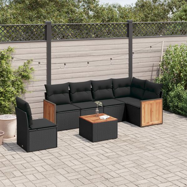 vidaXL 7-delige Loungeset met kussens poly rattan zwart