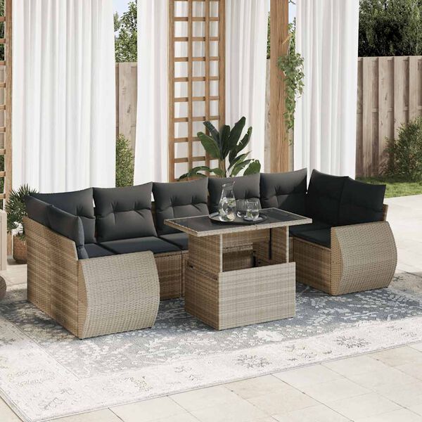 vidaXL 8-delige Loungeset met kussens poly rattan lichtgrijs
