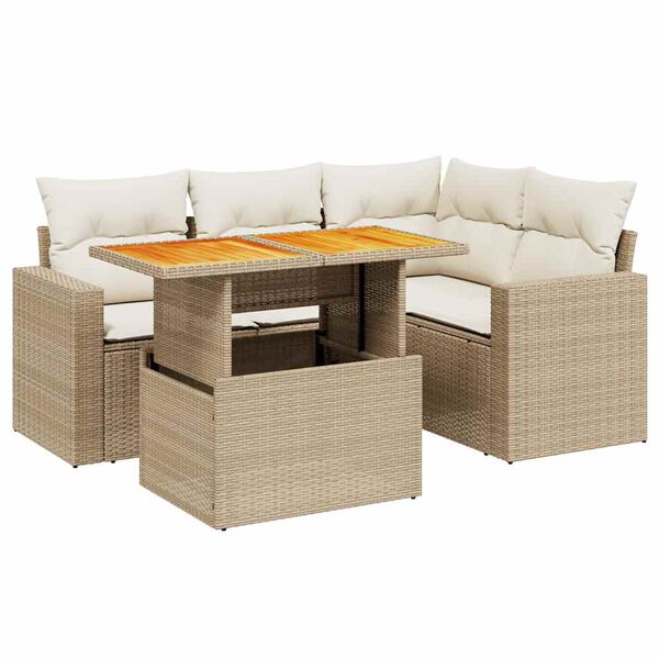 vidaXL 5-delige Loungeset met kussens poly rattan beige