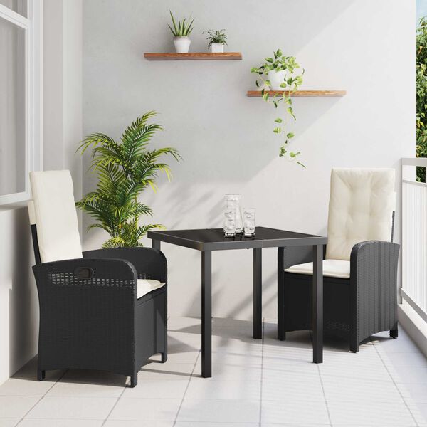 vidaXL Tuin eettafelset met kussen 3 pcs Zwart poly rattan