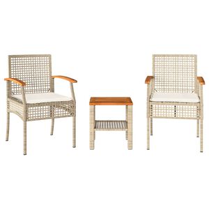 vidaXL 3-delige Bistroset met kussens poly rattan en acaciahout beige