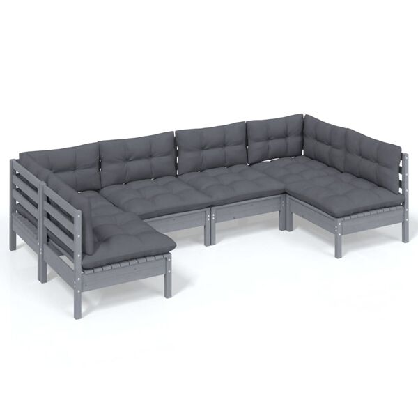 vidaXL 6-delige Loungeset met kussens massief grenenhout grijs
