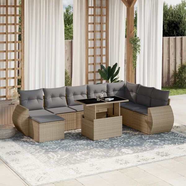vidaXL 9-delige Loungeset met kussens poly rattan beige