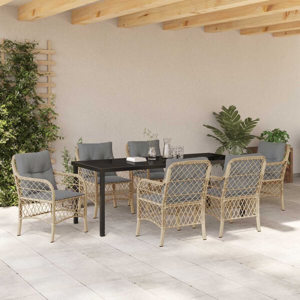 vidaXL Tuin eettafelset met kussen 7 pcs Beige poly rattan