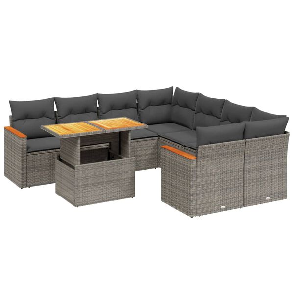 vidaXL 9-delige Loungeset met kussens poly rattan grijs