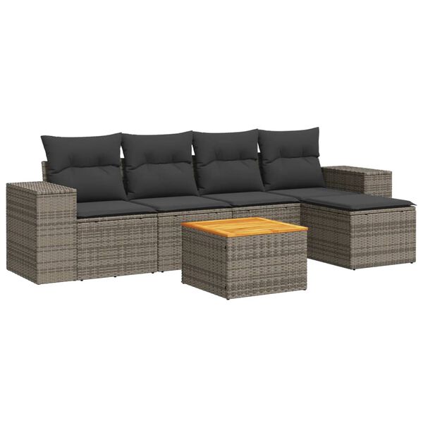 vidaXL 6-delige Loungeset met kussens poly rattan grijs