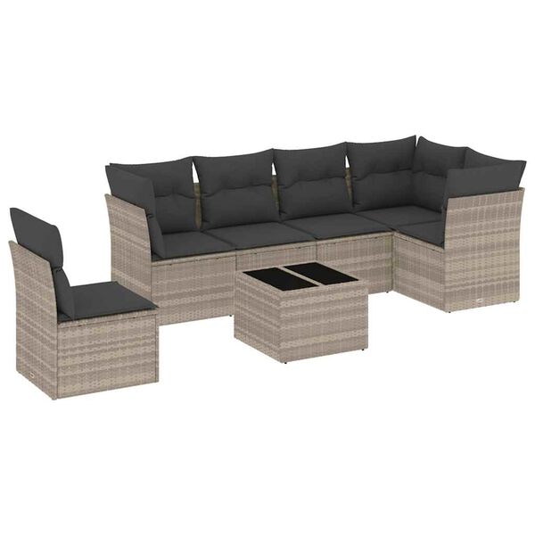 vidaXL 7-delige Loungeset met kussens poly rattan lichtgrijs