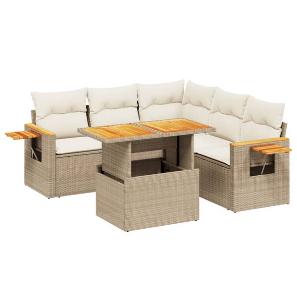 vidaXL 6-delige Loungeset met kussens poly rattan beige