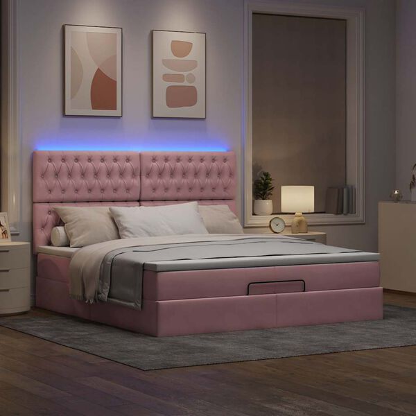 vidaXL Ottoman bed met matrassen en LED's 200x200cm fluweel roze