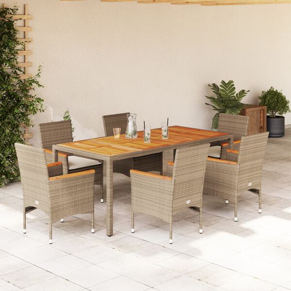 vidaXL 7-delige Tuinset met kussens poly rattan en acaciahout beige