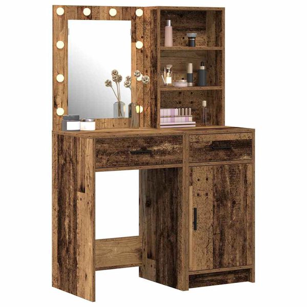 vidaXL Make-up tafel set met LED met lade 2 pcs Oudhout Bewerkt hout
