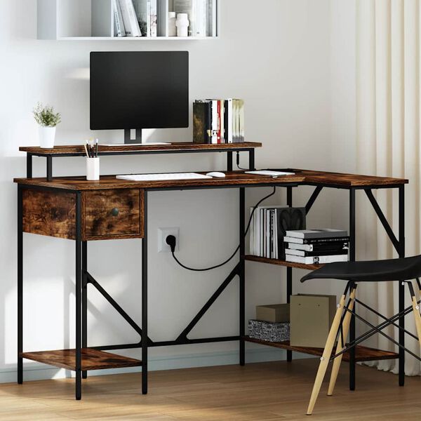 vidaXL Bureau met lade Gerookt eiken 120 x 79 x 86,5 cm Bewerkt hout