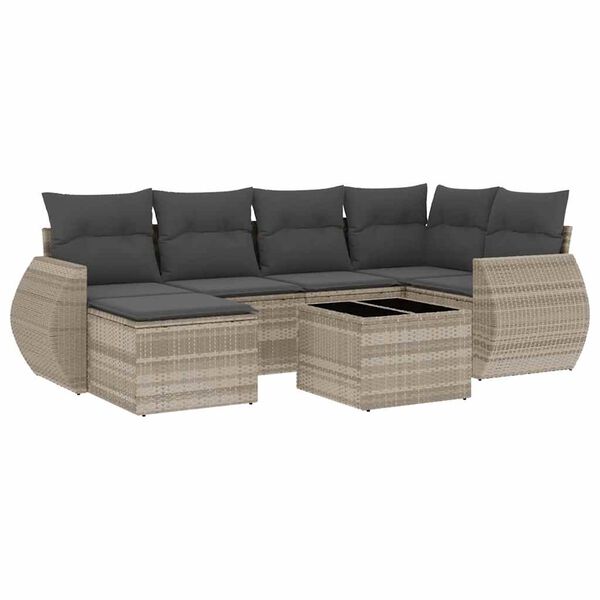 vidaXL 7-delige Loungeset met kussens poly rattan lichtgrijs