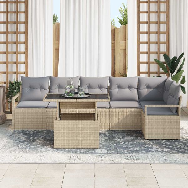vidaXL Tuin Sofa Set met opslag 7 pcs Beige Poly riet