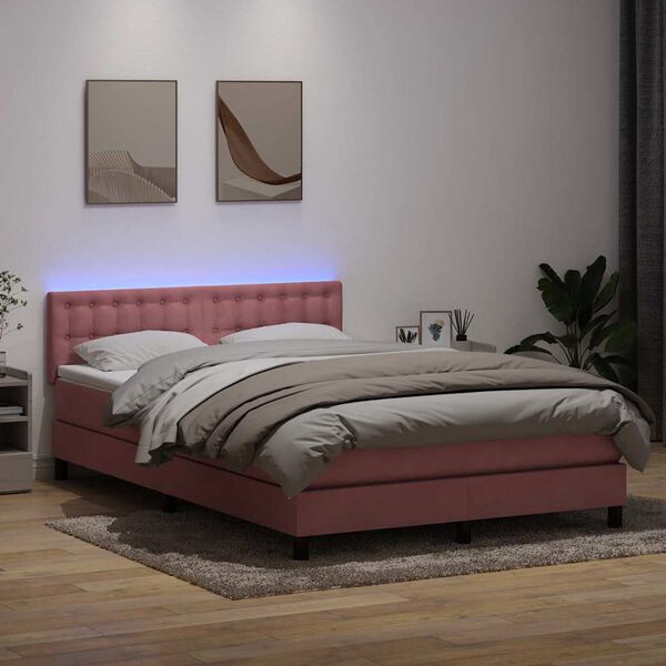 vidaXL Boxspring met matras en LED fluweel roze 160x220 cm