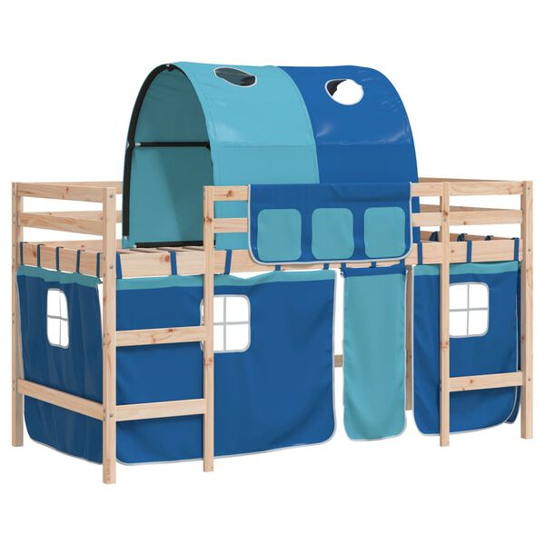 vidaXL Kinderhoogslaper met tunnel 90x190 cm massief grenenhout blauw