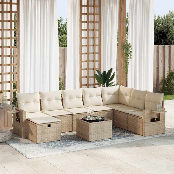 vidaXL 9-delige Loungeset met kussens poly rattan beige