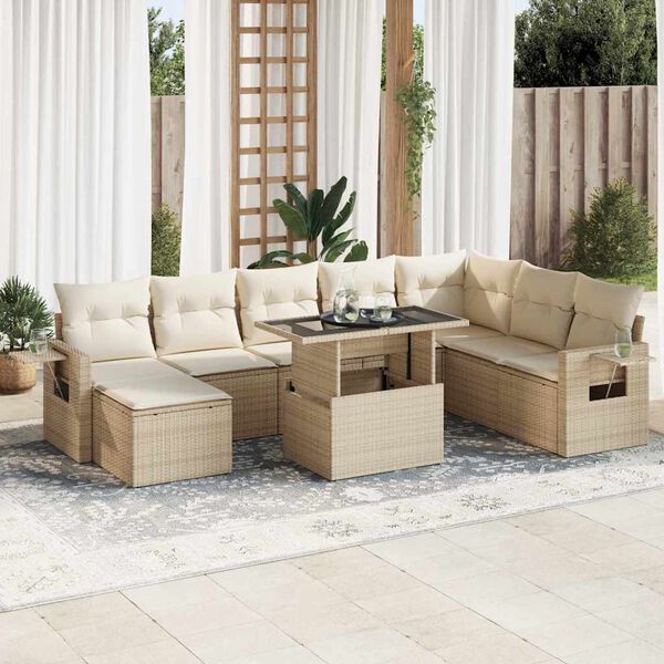 vidaXL 9-delige Loungeset met kussens poly rattan beige