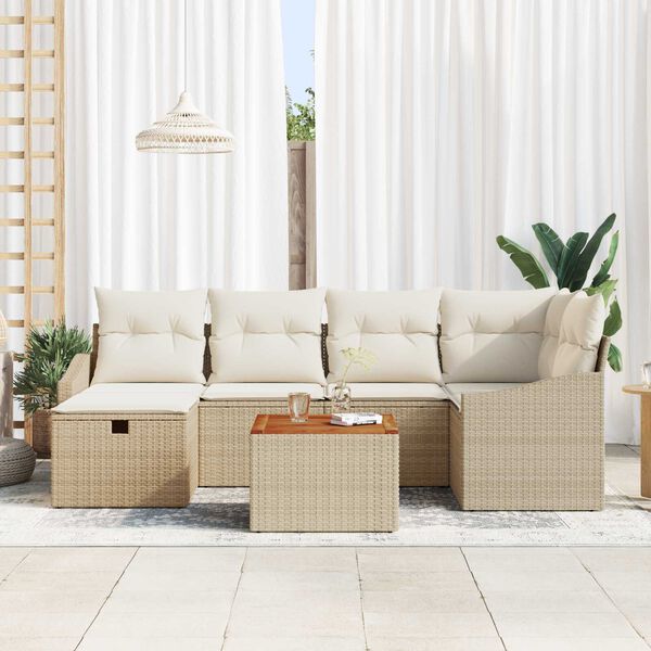 vidaXL Tuinbankenset met kussen met opslag 7 pcs Beige poly rattan