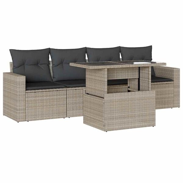 vidaXL 5-delige Loungeset met kussens poly rattan lichtgrijs
