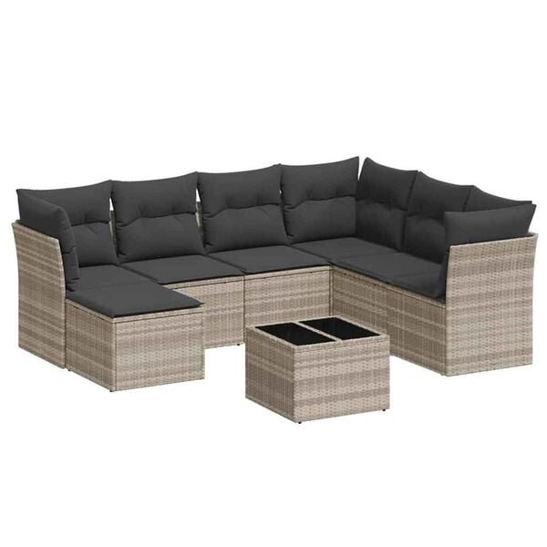 vidaXL 8-delige Loungeset met kussens poly rattan lichtgrijs