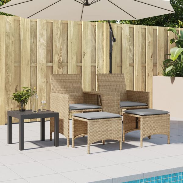 vidaXL Tuinbank 2-zits met tafel en voetenbanken poly rattan beige