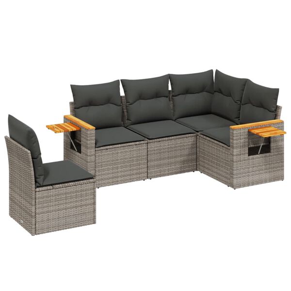 vidaXL 5-delige Loungeset met kussens poly rattan grijs