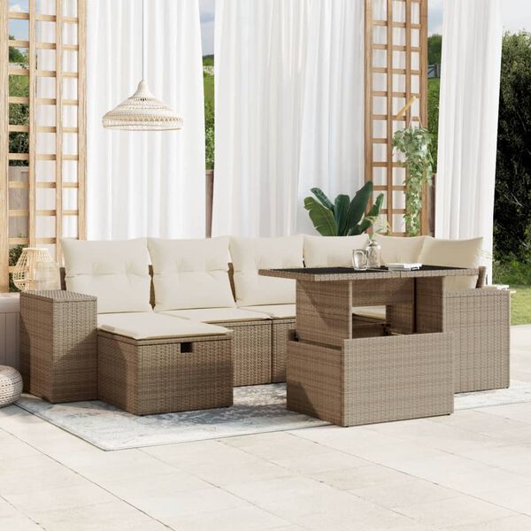 vidaXL 7-delige Loungeset met kussens poly rattan beige