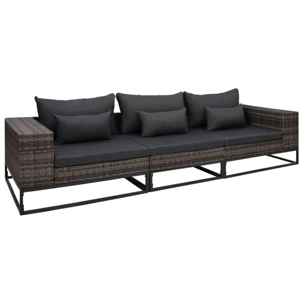 vidaXL 3-delige Loungeset met kussens poly rattan grijs