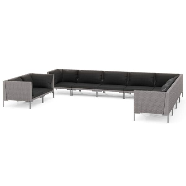 vidaXL 10-delige Loungeset met kussens poly rattan donkergrijs