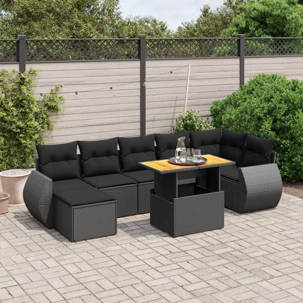 vidaXL 8-delige Loungeset met kussens poly rattan zwart