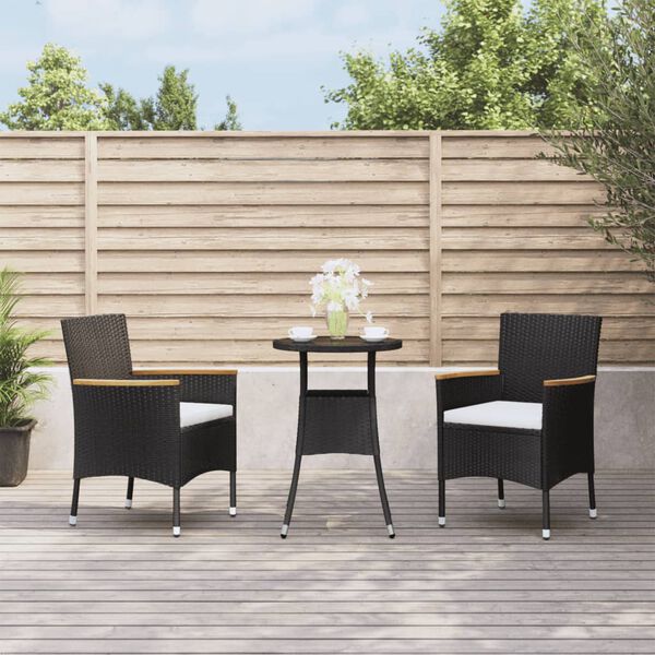 vidaXL 3-delige Bistroset met kussens poly rattan zwart